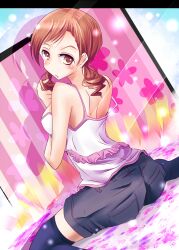  ass bad_id bad_pixiv_id black_thighhighs breasts brown_eyes brown_hair camisole denim denim_shorts female from_behind hojo_karen idolmaster idolmaster_cinderella_girls looking_back medium_breasts natsu_(anta_tte_hitoha) shorts sitting solo strap_slip thighhighs twintails 