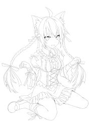  absurdres alternate_costume animal_ears braid cat_ears choker commentary_request female greyscale hair_ribbon highres kaenbyou_rin kikugetsu line_art long_hair looking_at_viewer monochrome ribbon sitting solo touhou transparent_background twin_braids wariza wrist_ribbon 