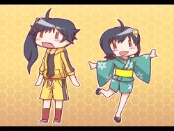  2girls ahoge araragi_karen araragi_tsukihi bakemonogatari black_hair blush commentary_request company_connection egg_hair_ornament food-themed_hair_ornament gradient_background gym_shorts hair_ornament honeycomb_(pattern) honeycomb_background hood hooded_track_jacket jacket japanese_clothes letterboxed long_hair monogatari_(series) multiple_girls nisemonogatari obi oniyan open_mouth orange_background photoshop_(medium) pun sandals sash short_hair shorts siblings side_ponytail sisters socks track_jacket wide_face yellow_background |_| 