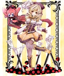  beret blonde_hair boots breasts cape charlotte_(madoka_magica) commentary_request corset detached_sleeves drill_hair edo. female fingerless_gloves gloves gun hair_ornament hat magical_girl magical_musket mahou_shoujo_madoka_magica mahou_shoujo_madoka_magica_(anime) medium_breasts pink_hair puffy_sleeves ribbon shawl short_hair skirt smile striped_clothes striped_thighhighs thighhighs tomoe_mami tomoe_mami_(magical_girl) twin_drills twintails vertical-striped_clothes vertical-striped_thighhighs weapon yellow_eyes 