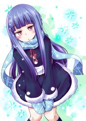  blue_hair blue_scarf blush commentary_request dress female idolmaster idolmaster_cinderella_girls long_hair mittens natsu_(anta_tte_hitoha) pink_eyes ribbon sajo_yukimi scarf solo 