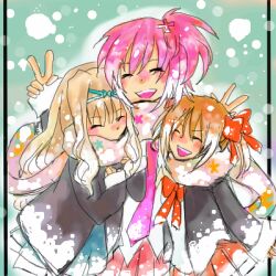  3girls brown_hair hinamori_amu lowres mashiro_rima multiple_girls open_mouth pink_hair ribbon scarf shugo_chara! skirt snow yuiki_yaya 