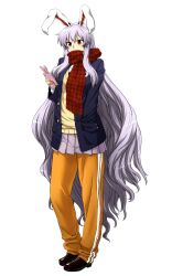  alternate_costume animal_ears blazer cellphone commentary_request contemporary crescent female hand_in_pocket highres itou_yuuji jacket light_purple_hair long_hair pants phone plaid plaid_scarf pleated_skirt purple_hair rabbit_ears red_eyes red_scarf reisen_udongein_inaba scarf shoes sidelocks skirt solo sweater sweater_vest touhou very_long_hair 