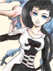  azel_(panzer_dragoon) babelogue black_hair blue_eyes bodysuit breasts commentary_request dragon female horns long_hair medium_breasts panzer_dragoon panzer_dragoon_saga single_horn 