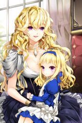  2girls aged_down apron blonde_hair breasts cleavage clenched_hand cocoon_(loveririn) dress earrings empress_pacifica expressionless frills gloves hairband jewelry linia_pacifica lolicon long_hair lowres mother_and_daughter multiple_girls necklace open_mouth photoshop_(medium) red_eyes ribbon sitting sitting_on_lap sitting_on_person small_breasts smile sword_girls wavy_hair window 