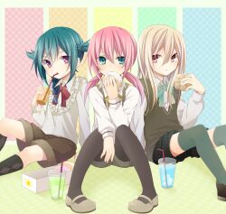  3boys afuro_terumi androgynous aqua_eyes aqua_hair argyle_clothes argyle_legwear bad_id bad_pixiv_id blonde_hair bow bowtie crossdressing crossover cup doughnut drinking drinking_straw eating food highres holding inazuma_eleven inazuma_eleven_(series) inazuma_eleven_go izumi39 kirino_ranmaru kneehighs looking_at_viewer male_focus mary_janes mistorene_callus multiple_boys otoko_no_ko pantyhose pink_eyes pink_hair red_eyes shoes shorts sitting socks sweater_vest thighhighs twintails 