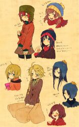  beanie black_hair blue_eyes blush braid brown_hair clyde_donovan craig_tucker earflap_hat eric_cartman green_eyes happy hat hat_pompom jacket kenny_mccormick kyle_broflovski long_hair pixiv_manga_sample red_hair rule_63 scarf short_hair smile south_park stan_marsh suisyounohosizora tweek_tweak twin_braids twintails wink 