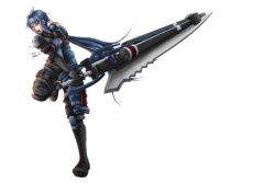  armor blue_eyes blue_hair boots faulds female gloves gunblade huge_weapon imca japanese_armor jeff_wang kote long_hair military military_uniform pauldrons photoshop_(medium) ponytail senjou_no_valkyria_(series) senjou_no_valkyria_3 shoulder_armor solo uniform var_(weapon) weapon 