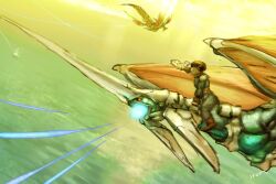  1boy aerial_battle armor battle commentary_request cwind dragon energy_ball energy_beam flying helmet horns keil_fluge male_focus ocean panzer_dragoon photoshop_(medium) powering_up single_horn solo wings 