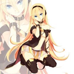  bad_id bad_pixiv_id black_thighhighs blonde_hair blue_eyes cable collar colorized female flapper_shirt headphones hinatori_a lily_(vocaloid) long_hair midriff off_shoulder shirt sitting skirt smile solo thighhighs very_long_hair vocaloid zoom_layer 