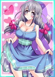  bad_id bad_pixiv_id blush bow braid breasts cleavage dress female grey_hair hairbow idolmaster idolmaster_cinderella_girls large_breasts long_hair natsu_(anta_tte_hitoha) off_shoulder purple_eyes sakakibara_satomi smile solo strap_slip twin_braids 