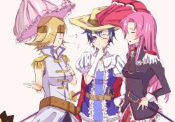  3girls belt blonde_hair blue_eyes blue_hair boku_to_maou breasts character_request closed_eyes flower frills hat headband multiple_girls parasol pink_hair princess_sapphire ribbon_no_kishi rosaly rose shoujo_kakumei_utena sword tenjou_utena umbrella weapon 