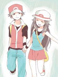  1boy background baseball_cap blue_(pokemon) brown_eyes brown_hair closed_eyes couple female hand_holding hat leaf_(pokemon) long_hair pokemon rain red_(pokemon) simple simple_background smile walking 