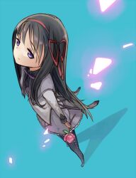  akemi_homura akemi_homura_(magical_girl) black_hair bow commentary_request female hairbow long_hair mahou_shoujo_madoka_magica mahou_shoujo_madoka_magica_(anime) nemeko pantyhose purple_eyes skirt solo 