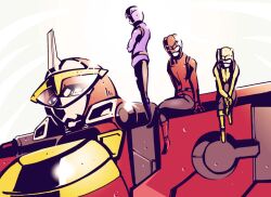  2boys bad_id bad_pixiv_id belt blue_buster bodysuit cb-01_ace daison female helmet horns multiple_boys photoshop_(medium) red_buster single_horn sitting size_difference super_sentai tokumei_sentai_go-busters yellow_buster 