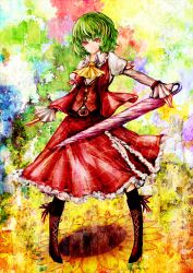  akasia ascot belt boots buckle commentary_request cross-laced_footwear female flower green_hair highres kazami_yuuka parasol red_eyes ribbon short_hair skirt smile solo sunflower touhou umbrella vest 