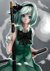  absurdres bad_id bad_pixiv_id blue_eyes female green_hair highres katana konpaku_youmu konpaku_youmu_(ghost) lips solo sword touhou weapon weien 