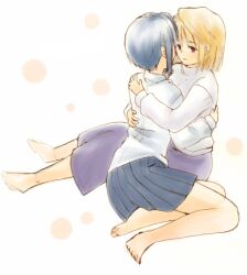  2girls arcueid_brunestud barefoot blonde_hair blue_hair blue_skirt ciel_(tsukihime) commentary_request hug long_skirt multiple_girls photoshop_(medium) pikakoya pleated_skirt purple_skirt red_eyes shirt short_hair skirt sweater tsukihime turtleneck yuri 