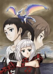  1boy 2girls ahoge aqua_eyes azel_(panzer_dragoon) bare_shoulders black_hair blue_dragon_(panzer_dragoon) blue_eyes brown_hair cloud commentary_request detached_sleeves dragon edge_(panzer_dragoon) long_hair multiple_girls orta panzer_dragoon panzer_dragoon_orta panzer_dragoon_saga photoshop_(medium) scarf shibusawa_hayato short_hair sky water white_hair 