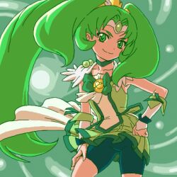  bad_id bad_pixiv_id big_hair bike_shorts bike_shorts_under_skirt bow cure_march dress female green_background green_eyes green_hair green_skirt green_theme hand_on_leg long_hair lowres midorikawa_nao ponytail precure skirt smile_precure solo tiara tri_tails very_long_hair yuuya_(yu-ya&#039;s) 