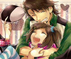  1boy ^_^ bad_id bad_pixiv_id braid braided_bangs brown_hair cabbie_hat closed_eyes facial_hair father_and_daughter female hair_ornament hairclip hat hug kaburagi_kaede kaburagi_t._kotetsu one_side_up scrunchie side_ponytail striped_clothes striped_thighhighs stubble thighhighs tiger_&amp;_bunny unmoving_pattern unworn_hat unworn_headwear vest waistcoat wonoco0916 