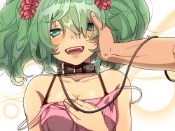  aqua_eyes aqua_hair bare_shoulders blush collar female hatsune_miku koyoi_mitsuki leash lying on_back open_mouth pov short_hair smile solo_focus twintails vocaloid 