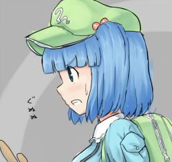  backpack bag blue_eyes blue_hair blush cattail commentary_request female hair_bobbles hair_ornament hat kawashiro_nitori lowres monosenbei plant profile short_hair solo sweatdrop touhou two_side_up 