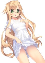  arima_senka blonde_hair blush female glasses green_eyes kashiwamochi_yomogi long_hair open_mouth original panties photoshop_(medium) solo tsurime underwear white_panties 