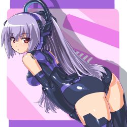  alternate_color arnval_mk2_tempesta ass bad_id bad_pixiv_id bent_over black_thighhighs busou_shinki dd_(ijigendd) doll_joints elbow_gloves female gloves joints long_hair looking_at_viewer looking_back ponytail purple_hair red_eyes smile solo thighhighs 