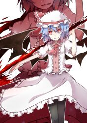  ascot bat_wings black_pantyhose blue_hair bow commentary_request dress female hat pantyhose polearm red_eyes remilia_scarlet ribbon short_hair smile solo spear spear_the_gungnir touhou weapon wings yutamaro zoom_layer 