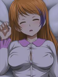  alternate_hairstyle aquarion_(series) aquarion_evol awa breasts buttons cleavage closed_eyes covered_nipples female hair_down large_breasts long_hair lying mix_(aquarion) multicolored_hair on_back open_mouth orange_hair pajamas sleeping solo two-tone_hair upper_body 