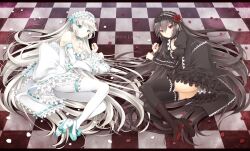  2girls aqua_eyes black_hair black_legwear black_vs_white boots bow breasts bridal_garter checkered_floor cleavage commentary_request cross-laced_footwear dress flower frilled_legwear frills gothic_lolita hair_ribbon hattori_masaki high_heels highres letterboxed lolita_fashion long_hair looking_at_viewer lying medium_breasts multiple_girls on_side original pantyhose petals red_eyes ribbon rose shoes small_breasts thighhighs very_long_hair white_hair white_legwear 