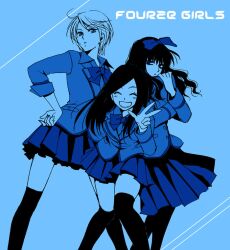  3girls ^_^ amanogawa_high_school_uniform bad_id bad_pixiv_id black_legwear bow closed_eyes hair_ribbon hand_on_own_hip joujima_yuuki kamen_rider kamen_rider_fourze_(series) kazashiro_miu long_hair multiple_girls nozama_tomoko pantyhose photoshop_(medium) ribbon school_uniform short_hair skirt smile thighhighs tora_tsuki 