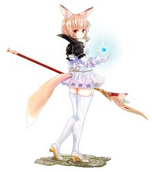  animal_ears brown_eyes brown_hair commentary_request dress elin energy_ball female fox_ears from_behind gloves looking_back magic priest_(tera_online) short_hair short_twintails solo someno_haru staff tail tera_online thighhighs twintails weapon zettai_ryouiki 