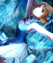  arm_behind_head bad_id bad_pixiv_id blue_dress blue_eyes blue_theme brown_hair crystal dress female flower hair_flower hair_ornament norma_beatty solo tales_of_(series) tales_of_legendia xxxceller 