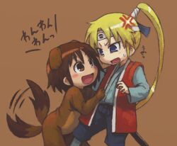  2girls alternate_costume animal_ears blonde_hair brown_eyes brown_hair commentary_request dog_ears dog_tail headband kill_me_baby multiple_girls namu_(nurui_cha) oribe_yasuna purple_eyes sonya_(kill_me_baby) tail tail_wagging translated 