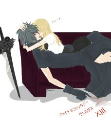  0319_(soulrox) 1boy black_hair blonde_hair female final_fantasy final_fantasy_versus_xiii final_fantasy_xv gloves kissing long_hair lying noctis_lucis_caelum pixiv_thumbnail red_eyes resized short_hair stella_nox_fleuret sword weapon 