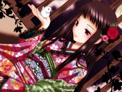  ar_tonelico ar_tonelico_ii black_hair blush commentary female flower hair_flower hair_ornament inumori_sayaka jakuri_(ar_tonelico) japanese_clothes kimono long_hair solo 