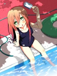  :o blush brown_hair commentary_request drain_(object) dripping female food gradient_hair green_eyes highres hose innertube long_hair looking_at_viewer multicolored_hair one-piece_swimsuit open_mouth original pool poolside popsicle purple_hair school_swimsuit sitting soaking_feet solo swim_ring swimsuit takanashi_sora_(soramyon) tree_shade water wet 