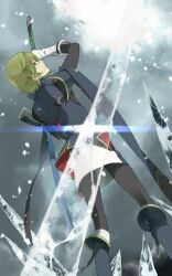  1boy bad_id bad_pixiv_id blazblue blonde_hair commentary_request green_eyes highres ice jin_kisaragi male_focus photoshop_(medium) saitou_yuu solo sword weapon yukianesa 