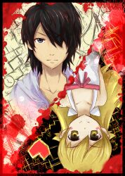  1boy araragi_koyomi bad_id bad_pixiv_id black_hair blonde_hair collarbone fang_out female hair_over_one_eye highres hood hoodie long_hair looking_at_viewer monogatari_(series) nisemonogatari oerba_yun_fang oshino_shinobu sanka short_hair smile yellow_eyes 