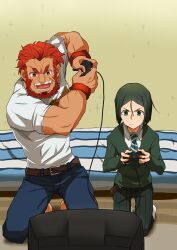  2boys beard bed black_hair casual commentary_request controller facial_hair fate/zero fate_(series) game_controller green_eyes green_hair gutn highres iskandar_(fate) male_focus multiple_boys parted_bangs partial_commentary playing_games red_eyes red_hair shirt t-shirt television waver_velvet 