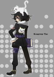  1boy alternate_costume animal animal_on_head bad_id bad_pixiv_id black_eyes black_hair book cat_on_head character_name coat conway_tau feline full_body grey_background hand_on_own_hip kusakari looking_back male_focus on_head pants shoes smile solo tales_of_(series) tales_of_innocence tales_of_innocence_r 