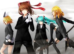  4girls adjusting_clothes adjusting_gloves alternate_costume aqua_eyes aqua_hair bad_id bad_pixiv_id black_legwear black_necktie blonde_hair brown_eyes brown_hair clipboard crossover formal garter_straps gloves hair_ribbon hair_tubes hakurei_reimu hat hatsune_miku highres jacket kagamine_rin kirisame_marisa long_hair looking_at_viewer looking_down multiple_girls necktie pant_suit pants pencil_skirt profile reio_reio ribbon short_hair sitting sitting_on_object skirt skirt_suit smile speaker suit thighhighs touhou tuxedo twintails vocaloid white_gloves witch_hat yellow_eyes 