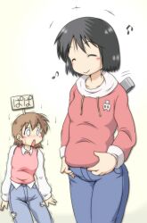  2girls aged_up aioi_yuuko black_hair brown_hair casual closed_eyes commentary denim gaketsu happy highres ips_cells jeans multiple_girls musical_note nichijou open_mouth pants pregnant shinonome_nano short_hair trembling winding_key yuri 