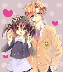  1boy bad_id bad_pixiv_id black_hair blonde_hair blue_eyes brother_and_sister brown_eyes clannad female hikarizaka_private_high_school_uniform school_uniform short_hair siblings sunohara_mei sunohara_youhei tomepo_(naeko) twintails 