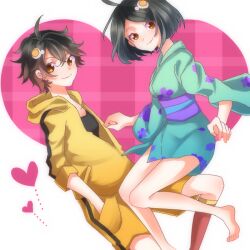  2girls araragi_karen araragi_tsukihi bad_id bad_pixiv_id barefoot black_eyes black_hair curry_gohan egg_(food) egg_hair_ornament food food-themed_hair_ornament fried_egg hair_ornament hairclip hood hooded_track_jacket hoodie jacket japanese_clothes kimono monogatari_(series) multiple_girls nisemonogatari short_hair siblings sisters sleeves_rolled_up spoilers track_jacket 