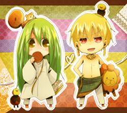  2boys bird blonde_hair chibi chick commentary_request cookie enkidu_(fate) fate/strange_fake fate/zero fate_(series) food gilgamesh_(fate) green_eyes green_hair jewelry lion long_hair male_focus mister_donut multiple_boys necklace pon_de_lion red_eyes shio_kuzumochi squirrel topless_male 