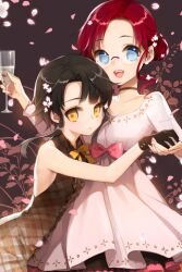  2girls bare_shoulders black_hair blue_eyes bow choker collarbone dress expressionless flower gloves holding holding_hands hug lowres multiple_girls open_mouth parted_bangs petals photoshop_(medium) plaid red_hair ribbon salt_(salty) short_hair sita_vilosa sleeveless smile sword_girls vernika_answer yellow_eyes 