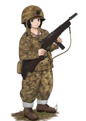  belt boots canteen combat_helmet commentary_request dog_tags female gun helmet highres komii m1_helmet m50_reising military military_uniform original solo submachine_gun uniform united_states_marine_corps weapon world_war_ii 